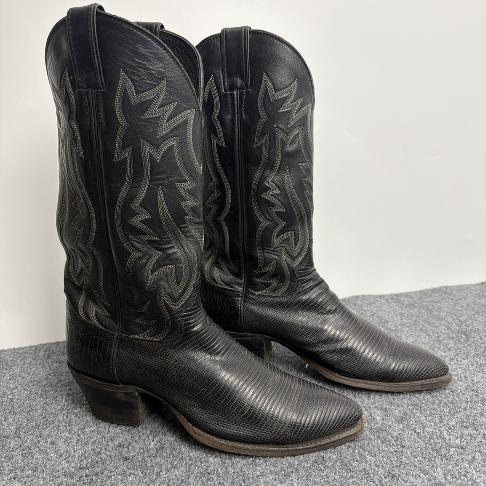 Vintage Justin‎ 9302 Men's 9 D Black Teju Lizard Skin Cowboy Western Boots USA